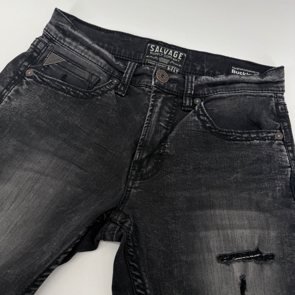 Salvage Supply Co Jeans Mens 31 Black Havoc Straight Slim Fit Distressed Wash